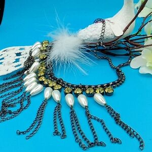 Necklace, pearl with yellow cz's 20" dark oxidated chain  with 11/2"extender